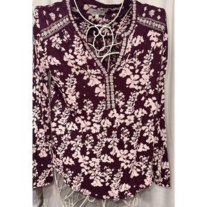 Beautiful LUCKY BRAND Unique Mixed Peasant Top PURPLE AND TAN beautiful design B